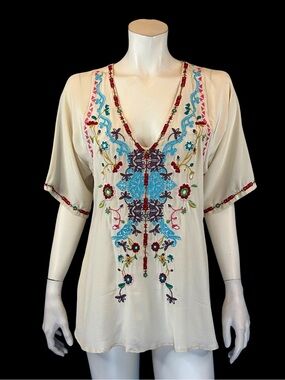 Johnny Was Biya Cream Embroidered Short Sleeve Silk Blouse S